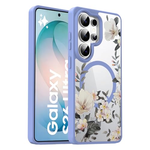 Image of VONZEE Compatible with Samsung Galaxy S26 Ultra 5G Case Luxury Retro Flowers Floral Clear for Magnetic Wireless Charging Case Shockproof PC+TPU Cute Glossy Shiny Cover for Girls Women, Official Blue
