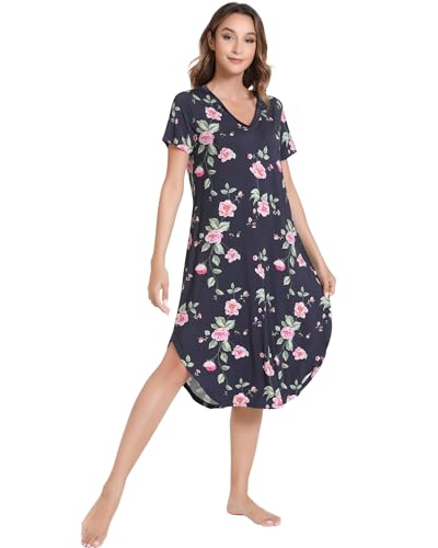 Image of NACHILA Nightgowns for Women-Viscose Made from Bamboo, V Neck Sleepshirts Short Sleeve Sleepwear Cool Nightshirt