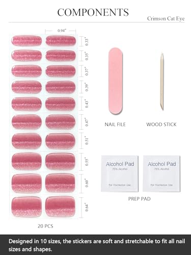 AutyaMee Semi Cured Gel Nail Strips (Crimson Cat Eye), Pink Red, 20 Pcs Gel Nail Wraps, Stickers, Salon Quality, Works With Any UV Lamps