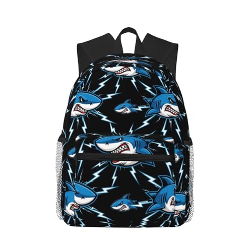 Durable Polyester Rucksack for Traveling & Camping Backpack Men Women, Blue Fierce Shark Bags, Large Capacity Multipurpose Anti-Theft Bookbag Waterproof
