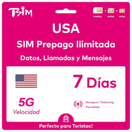 Tarjeta SIM de EE. UU. 7 días. Red T-Mobile con Datos ilimitados de Alta Velocidad en 5G/4G/LTE | Llamadas Locales y Mensajes ilimitados en EE. UU. (Incluido Hawái). ¡Tarjeta SIM 5G!