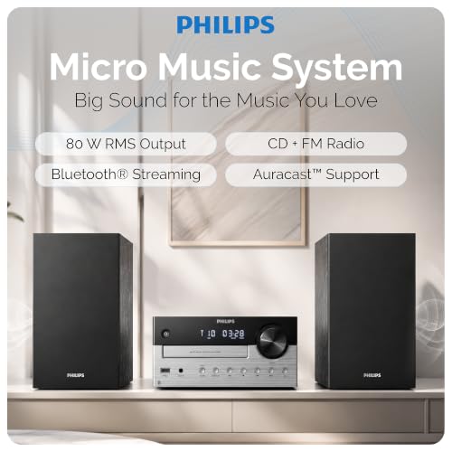 Image of Philips Bluetooth Stereo System for Home with CD Player, Bluetooth 5.4 & Auracast, Upgraded 80W Stereo Sound, MP3, USB, Audio in, FM Radio, Bass Reflex Speaker, Remote Control Included