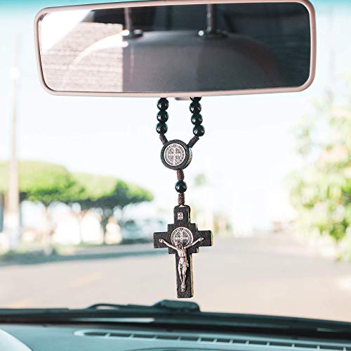 Car Rearview Mirror Rosary Decade Crucifix Ornament - Made In Brazil (St Benedict - Black) #TOP4