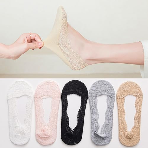 5 Pairs Women's Lace Casual No Show Non Slip Socks Invisible Cotton Low Cut Liner Boat Socks3