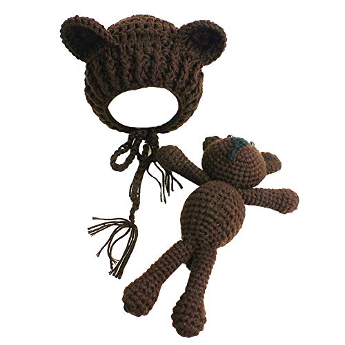 Bebé recién nacido Oso Sombrero de punto de ganchillo oso oso sombreros con accesorios de las muñecas Fotografía para Niños Niñas café 1Ponga