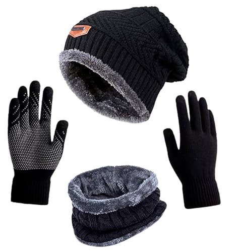 ASYBHYY Gorras Invierno con Bufanda y Guantes Táctiles Antideslizante 3 en 1 de Punto Sombreros para Mujeres y Hombres (Negro, Knitting)