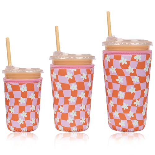 Image of Reusable Insulated Neoprene Iced Coffee Cup Sleeve, Durable Drink Sleeve for Cold Beverages, Beverage Holder for Iced Coffee (Daisy Grid)