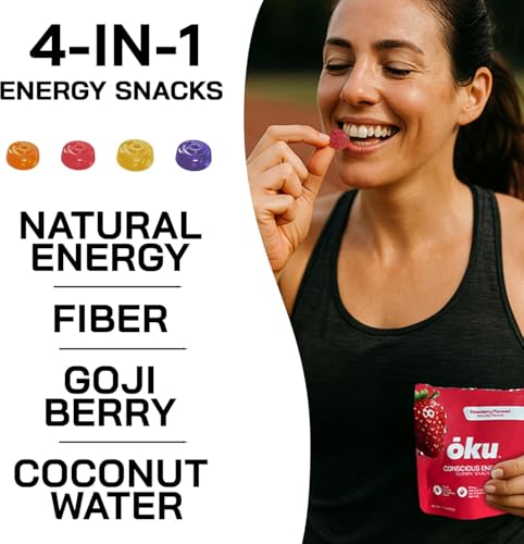 Image of ōku Energy Chews - Energy Gummies w /Natural Caffeine from Green Tea | Yerba Mate, Coconut Water for Hydration, 4g Vegan Fiber Gummy, Non-GMO | Running, Cycling, On-the-Go Snacks, Orange (12-Pack)