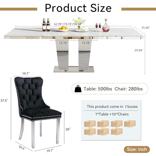 Image of 11-Piece Extendable Dining Table Set for 10, Modern 63 inch-94 inch White Faux Marble Expandable Kitchen Table Set with 10 Velvet Chairs,Large Extendable Dining Room Tables w /Mirrored Columnar Base