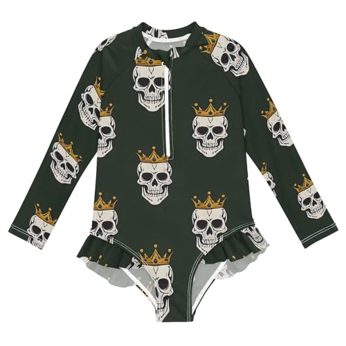 ALAZA Swimsuit for Girls Long Sleeve Rashguard Bathing Suit Skull Head Crown Quick Dry 4T