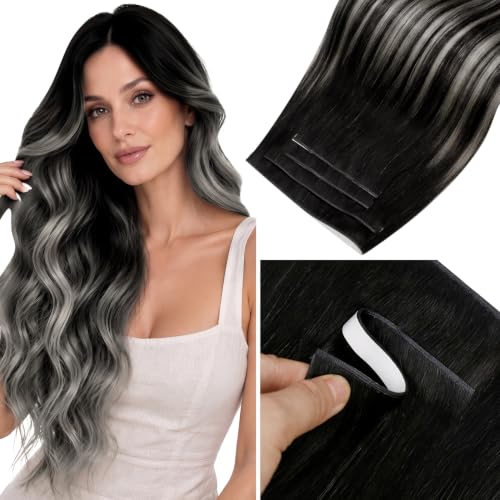 Image of LaaVoo Tape in Weft Hair Extensions Black Silver Ombre Tape ins Hair Extension Tape in Real Human Hair Tape Weft Extensions Silver Black 22inch 4pcs 120g