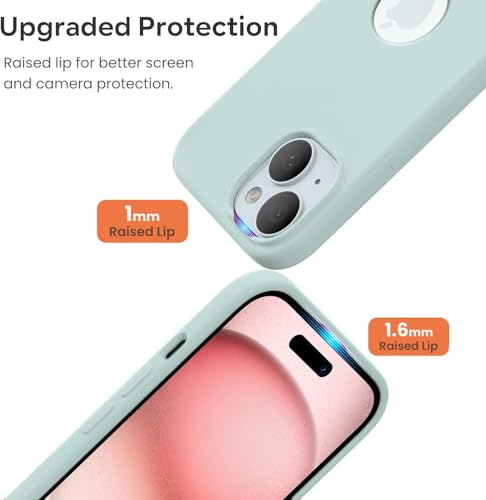 Image of VONZEE Microfiber Logo Cut Cover Compatible for iPhone 15 Case Liquid Silicone Cases Full Body 4 Layer Protective Covers Shockproof Back Cover with High Raised Camera Lips (6.1 inch, Mint Green)