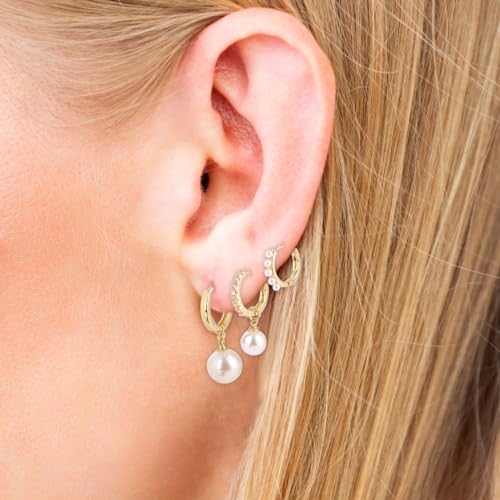 3 Pairs Gold Earrings and Pearl Set, Dainty Pearl Hoop Earrings Ladies' Gold Pearl Earring Set Pearl Earrings Studs Set Stacks Pearl Earring Pearl Earrings Gift for Women Ladies4