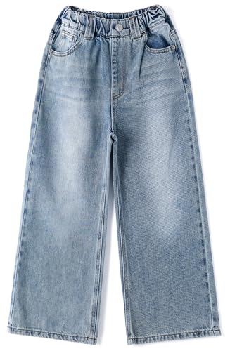 KIDSCOOL SPACE Girls Wide Leg Jeans, Elastic Pull on One Button Front Baggy Denim Pants