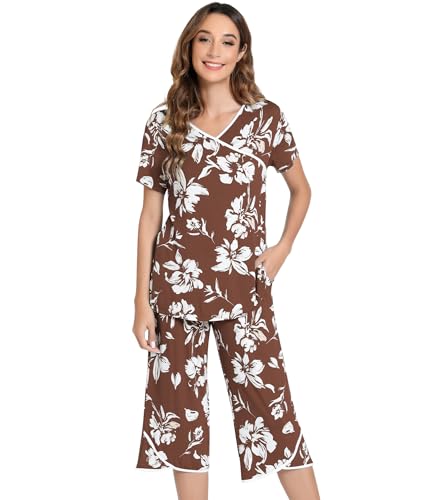 Image of NACHILA Bamboo Viscose Pajamas for Women Lace V Neck Capri Pants Pjs Set