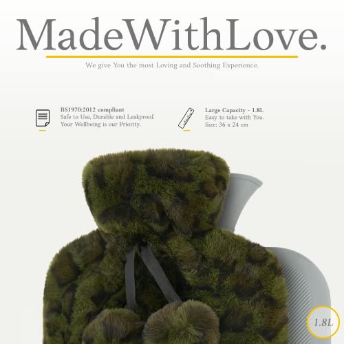 Qomfor Hot Water Bottle with Fluffy Cover - Soft Premium Faux Fur Cover - 1.8L Large Capacity - Hot Water Bag for Cosy Nights, Pain Relief, Back, Neck and Shoulders - Great Gift - Crocodile Green - Image 4