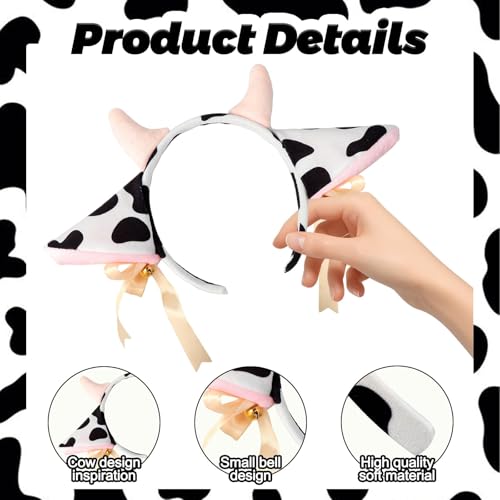 Image of Cow Ears and Horns Headband, Cow Headband with Bells, Plush Animal Headbands for Women and Men Christmas Animal Theme Cosplay Birthday Party