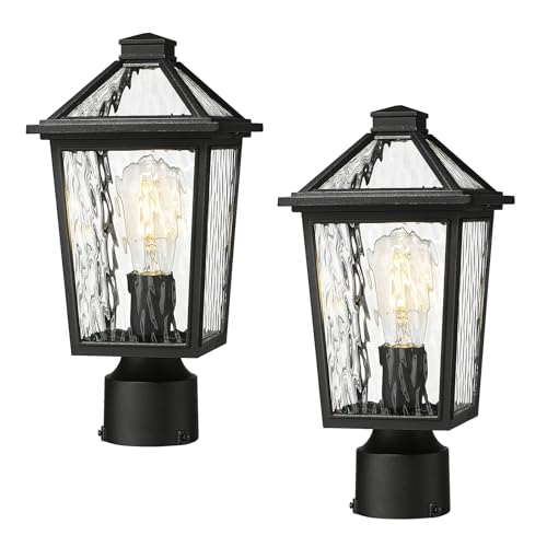 Image of zeyu 13.4 Inch Outdoor Patio Post Lighting, Exterior 2 Pack Post Light Fixtures for Patio Yard, Die-Cast Aluminum with Water Ripple Glass, Black Finish, ZX58P-2PK-SW BK