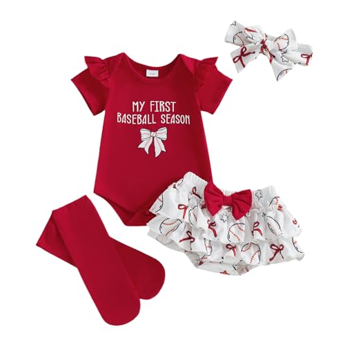 Vicaankue My First Baseball Season Baby Girl Outfit Newborn Ruffle Short Sleeve Romper Layered Tutu Skirt Headband Socks Sets (Red 3-6 Months)