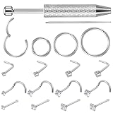 Juego de 17 piercings de nariz de 18/20 g, joyería de piercing en espiral y en forma de L, aro de acero inoxidable antisensible para oreja, cartílago, tragú, labio, nariz, adecuado para mujeres y