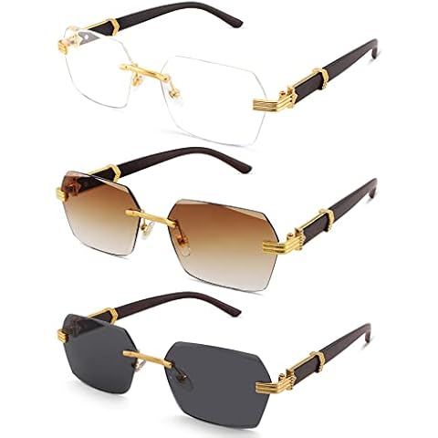 Hycredi Rimless Rectangle Sunglasses Men Women Retro Frameless Square Shade Y2k Sun Glasses Tinted Eyewear-Clear+Brown+Gray Cover