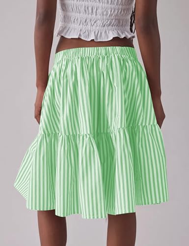 Wanzetaly Women's Casual Striped Skirts Cotton Midi Skirt A Line Elastic Back Waist Ruffle Skirt2