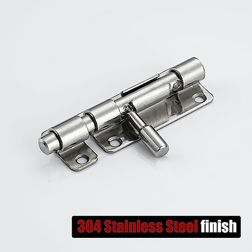 JQK Door Latch Lock Barrel Bolt 4 Inch, 304 Stainless Steel Slide Gate Latches Security Thickened 1.4mm with Padlock Hole, Silver, 2 Pack HBB120-P2 - Image 3