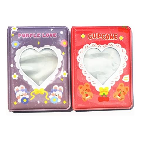 FULLINY 2 Pack Kpop Photocard Holder Book Mini Photo Album, 3 Inches Photocard Binder, Love Heart Hollow Photocard Id Holder 80 Pockets, Pink & Purple Cover