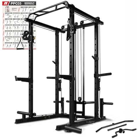 RitFit Multi-Function Power Rack Cage PPC03 with Adjustable Cable Crossover System,1000LBS Capacity, Full Home Gym Workout with J-Hook, Landmine and Other Attachments-Black Cover