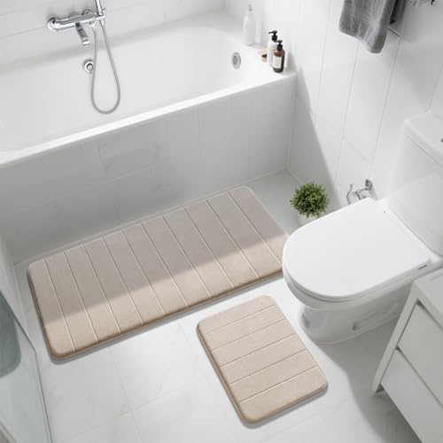 Image of Yimobra Large Bath Mat Set 2 Piece- Super Soft Absorbent Quick Dry Memory Foam Bathroom Rugs, Machine Washable Non Slip Floor Carpet for Tub Shower & Double Vanity (17x24 & 44x24, Beige)