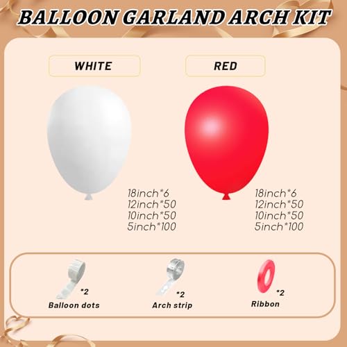 Image of 412Pcs Red and White Balloon Garland Arch kit, 18 12 10 5 Inch Different Size Red White Latex Balloons for Graduation Birthday Wedding Party Valentine's Day Decoration