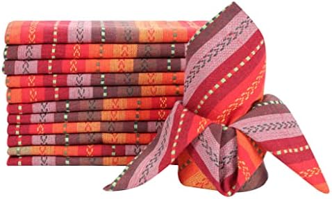 LFH Home Salsa Dobby Stripes Cloth Dinner Napkin - Set of 12 Machine Washable Reusable Cocktail Cotton Napkins for Wedding Christmas Thanksgiving Family Gathering & Daily Use -18x18 Inch - Red Multi