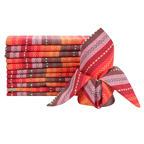 Lfh Home Salsa Dobby Stripes Cloth Dinner Napkin - Set Of 12 Machine Washable Reusable Cocktail Cotton Napkins For Wedding Christmas Thanksgiving Family Gathering & Daily Use -18X18 Inch - Red Multi #TOP27