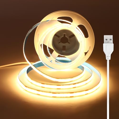 USB Striscia LED COB 2.5 metri, Striscia LED Bianco Caldo 3000K 5V con Retro Adesivo, Larghezza 8 mm, CRI 92+, Nastro LED flessibile per retroilluminazione, illuminazione Ambientale