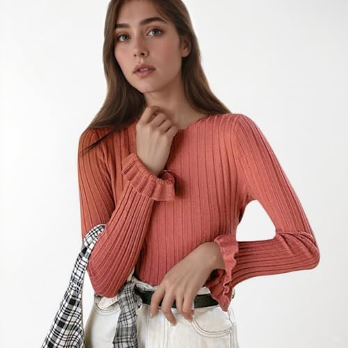 Women Casual Sweater Ruffled Long Sleeve Knit Top O Neck Solid Slim Fit for Daily Wear