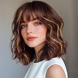 iAelev Highlight Brown Short Wavy Wig for Women Bob Style Synthetic for Everyday Hairstyle 12 Inch wig for Daily Party Use