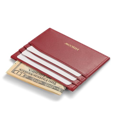 Image of HISCOW Slim Full Grain Leather Card Holder, Wine Red | Men's minimalist EDC wallet, front pocket carry, 6 credit card slots & center pocket, fits folded bills, premium gift box