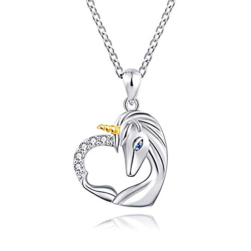MEMF Einhorn Halskette Einhorn Kopf Liebe Herz Anhänger S925 Sterling Silber Halskette mit Kristall Tier Einhorn Schmuck Geschenk (Unicorn#3) Cover