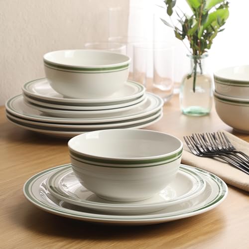 Image of Gibson Home Hometown Diner 12-Piece Porcelain Dinnerware Set, Round Plates and Bowls Set for 4, White with Green Rim, Dishwasher Safe - Dinner Plate, Salad Plate & Cereal Bowl