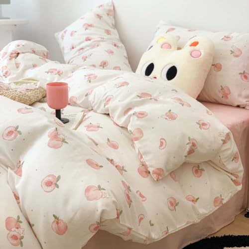 Image of Nayoroom Pink Peach Duvet Cover Full Size Kawaii Fruit Peaches Rabbit Printed on White Comforter Cover 3Pcs Kids Girls Soft Breathable Microfiber Cute Cartoon Bedding Set with Zipper Closure