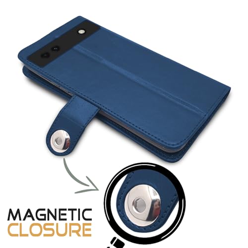 Image of Pikkme Google Pixel 6a Flip Cover Leather Finish | Inside TPU with Card Pockets | Wallet Stand and Shock Proof | Complete Protection Button Flip Case (Blue)