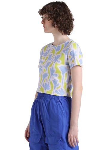 Image of ONLY Women Pure Cotton Regular Abstract Printed Round Neck Crop T-Shirt