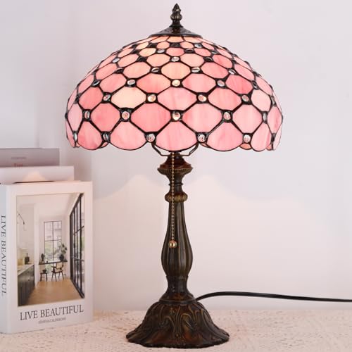 Image of 12 Inch Tiffany Stained Glass Lamp Shade Replacement Only(Pink) | Stained Glass Style Lampshade with Cap fit for Table lamp Pendant Light Ceiling Fixture