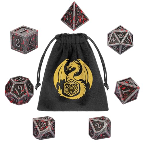 Set di Dadi in Metallo DND, 7 pezzi di Dadi Poliedrici, Accessori per Giochi di Ruolo e da Tavolo, Regali D&D con Borsa Regalo, D20, D12, 2 D10 (00-90 e 0-9), D8, D6 e D4, Argento Macchiato di Sangue