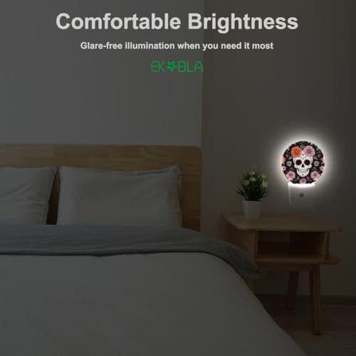 Image of EKOBLA Floral Skull Night Light, Skeleton and Flower Night Lights Plug Into Wall with Auto Sensor for Bedroom and Hallway