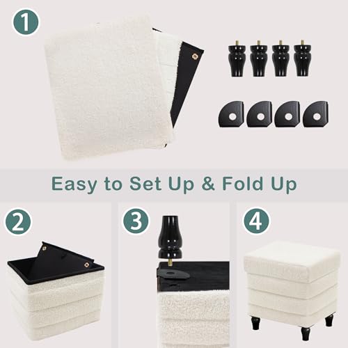 Image of CAROLMADE Folding Storage Ottoman Cube Sherpa Footstool with Wood Legs Ottoman Footrest for Living Room and Bedroom, White 15 inchx12.6 inchx15.4 inch