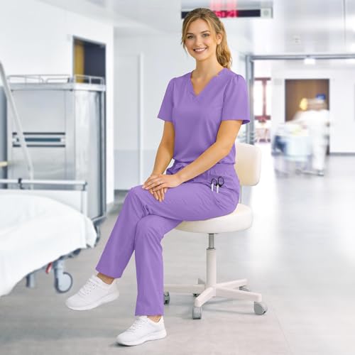 VIAOLI Fashion Scrubs for Women Set - Women Scrub Top and Belted Straight Leg Pants for Nurse Uniform Scrubs Set - image 6