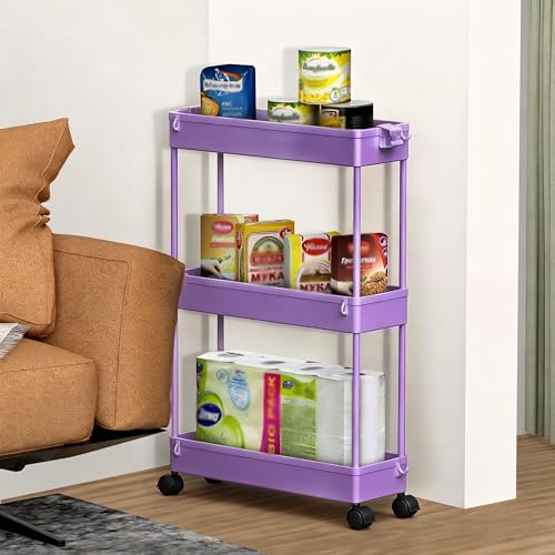 Image of SPACELEAD 2-piece Set Slim Storage Cart 3 Tier,Bathroom Organizer Rolling Utility,Mobile Shelving Unit Slide Out for Office, Kitchen, Laundry Room & Narrow Places