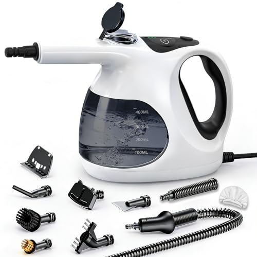 Vaporeta de Mano, Calentamiento en 5S, 400ML Tanque Transparente (Fácil Rellenar), Solo 0.92kg, Vaporeta Limpieza Hogar Con 10 Accesorios, Sin Químicos para limpiar Cocina, Juntas, Sofás, Alfombras