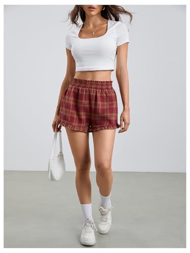 Image of MakeMeChic Women's Gingham Ruffle Lounge Shorts Elastic High Waist Pajamas Boxer Shorts